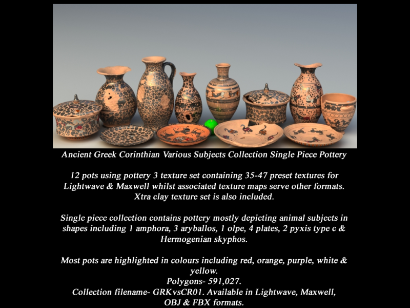 Greek Corinthian Various Subjects Collection Single Piece Pottery 3D Model .c4d .max .obj .3ds .fbx .stl .blend 