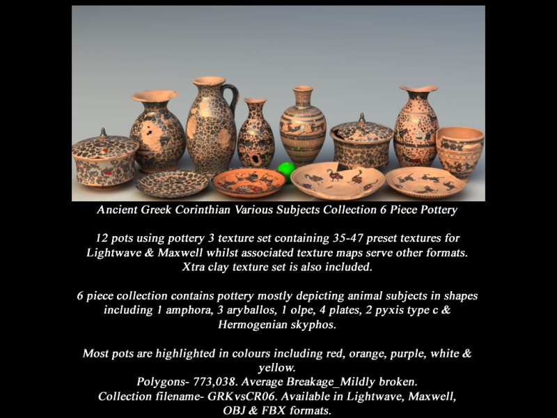 Greek Corinthian Various Subjects Collection 6 Piece Pottery 3D Model .c4d .max .obj .3ds .fbx .stl .blend