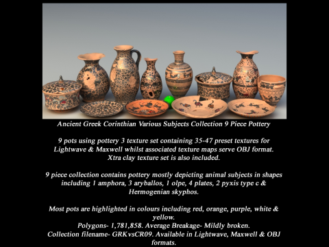 Greek Corinthian Various Subjects Collection 9 Piece Pottery 3D Model