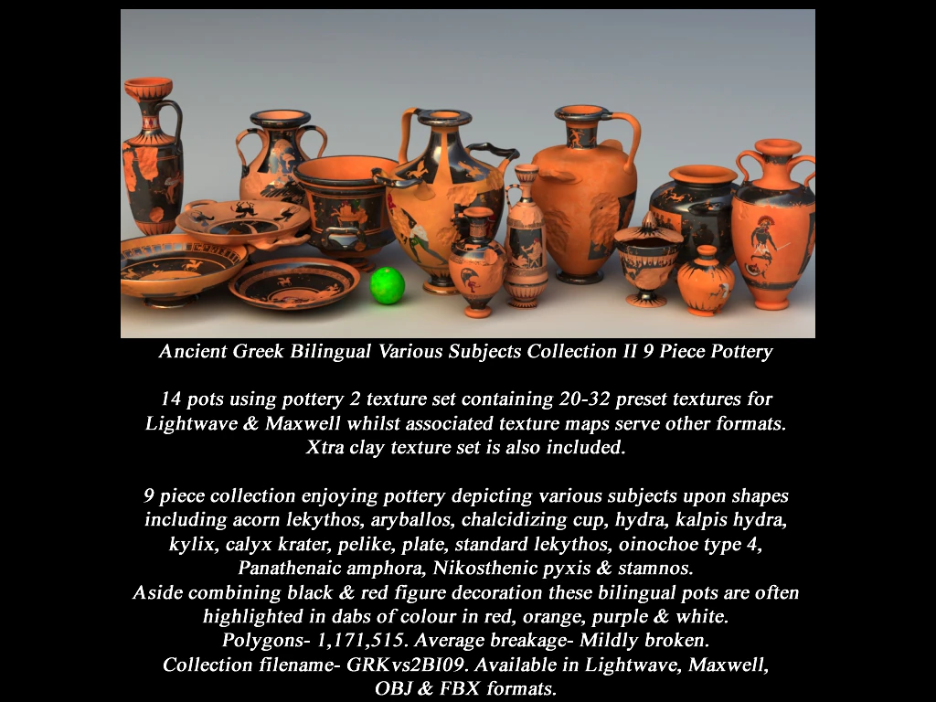 Greek Bilingual Various Subjects Collection II 9 Piece Pottery 3D Model .c4d .max .obj .3ds .fbx .stl .blend 