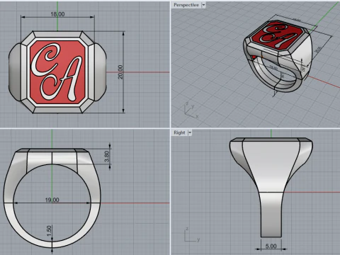 Initial signet ring with enamel model 1017 3D Print Model