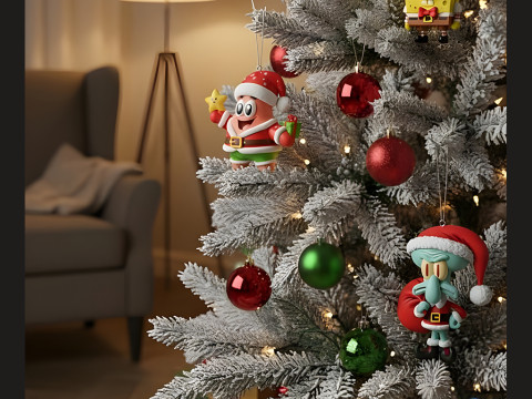 Set Ornamen Pohon Natal - Patrick Squiddy dan Spongebob Model Cetak 3D