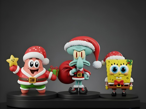 Set Ornamen Pohon Natal - Patrick Squiddy dan Spongebob Model Cetak 3D
