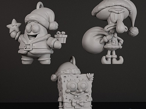 Set Ornamen Pohon Natal - Patrick Squiddy dan Spongebob Model Cetak 3D