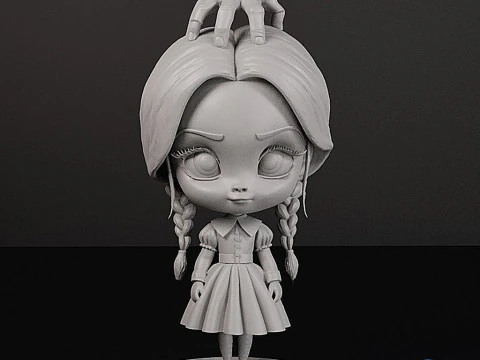 Mi&eacute;rcoles Addams con Thing Hand Chibi Bobblehead Style Modelo de impresión 3D