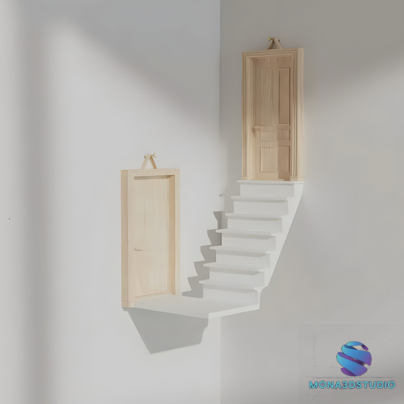 सीढ़ियों और दरवाजों के साथ कोने की शेल्फ 3D प्रिंट मॉडल .c4d .max .obj .3ds .fbx .stl .blend 