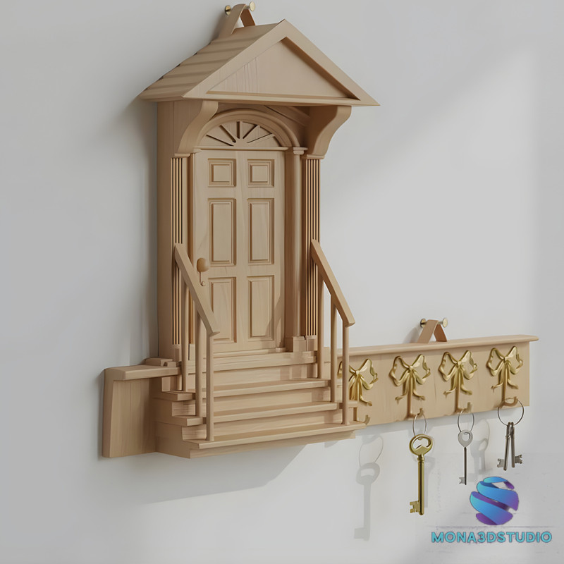 Wooden House Entryway Wall Key Holder 3D Print Model .c4d .max .obj .3ds .fbx .stl .blend 