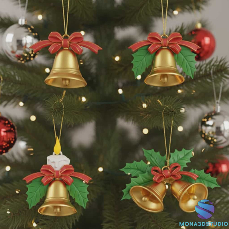 Christmas Ornament Set Printable Bells Candle for X-mas Tree 3D Print Model .c4d .max .obj .3ds .fbx .stl .blend