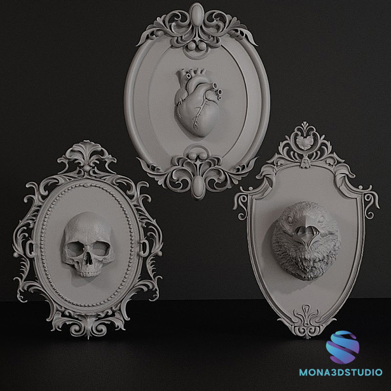 ゴシック ウォールフレームセット スカル ハート レイヴン 20cm STL 3Dプリントモデル .c4d .max .obj .3ds .fbx .stl .blend