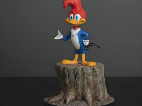 Woody Woodpecker sur tronc d'arbre Mod&egrave;le imprimable en 3D en 2 parties pr&eacute;-support&eacute;es Modèles 3D en vedette