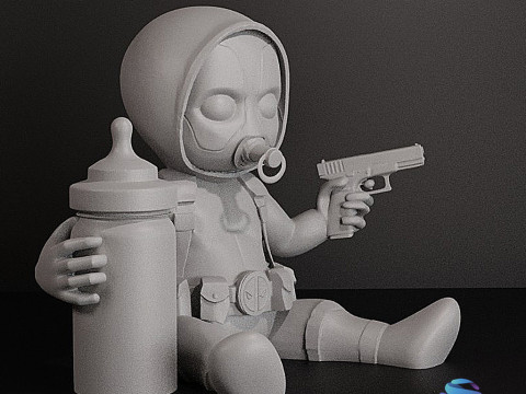 Baby Deadpool Sitting 3D-afdrukbare SLA ondersteund 3D printmodel
