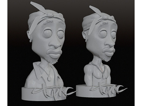 Tupac Shakur Stylized 3D Sculpture 2 Versions Shirtless Clothed 3D Print Model