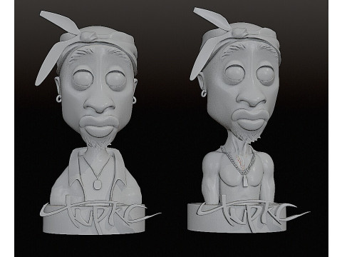 Tupac Shakur Stylized 3D Sculpture 2 Versions Shirtless Clothed 3D Print Model