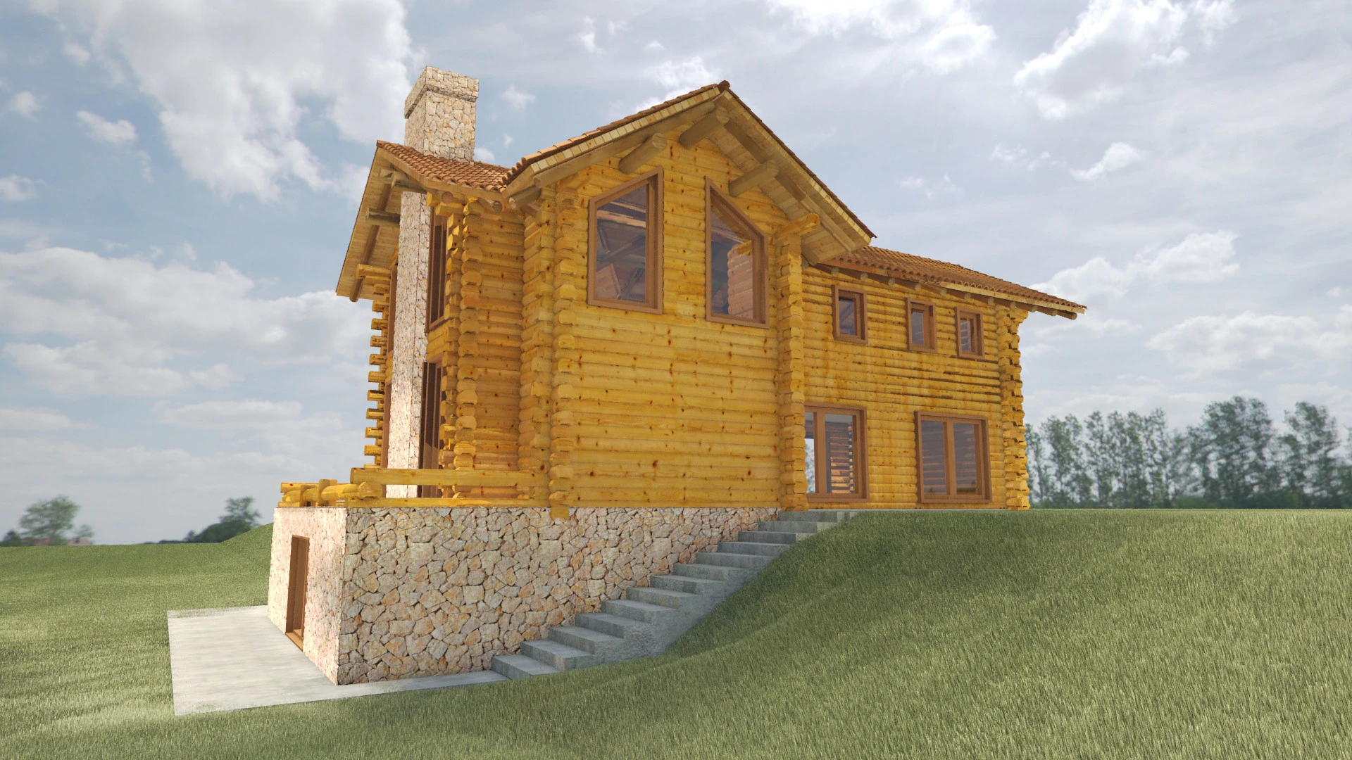 Налаштування візуалізації екстер’єру вілли з колод 3D Модель .c4d .max .obj .3ds .fbx .stl .blend