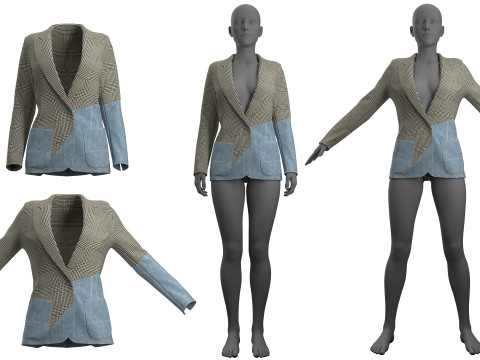 Asymmetric Denim-Tweed Jacket Model 3D