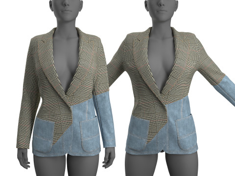 Asymmetric Denim-Tweed Jacket Modèle 3D