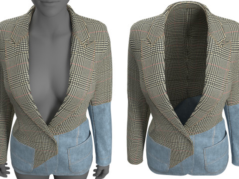 Asymmetric Denim-Tweed Jacket Modèle 3D