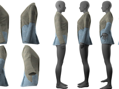 Asymmetric Denim-Tweed Jacket Modèle 3D