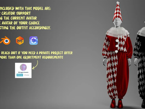 Black-White and Red-White Clown Costume Set 3D Model