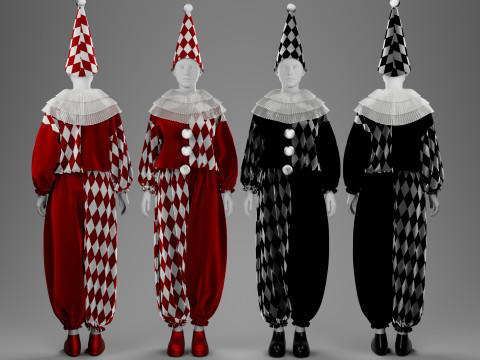Black-White and Red-White Clown Costume Set 3D Модель