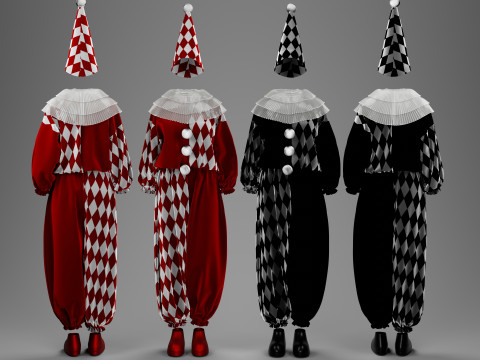 Black-White and Red-White Clown Costume Set 3D Модель