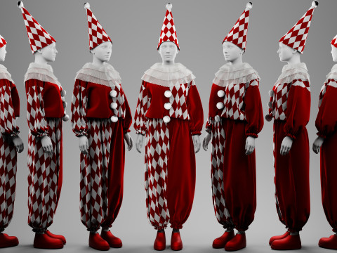 Black-White and Red-White Clown Costume Set 3D Модель