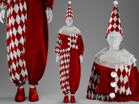 Black-White and Red-White Clown Costume Set 3D Model