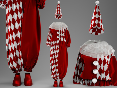 Black-White and Red-White Clown Costume Set 3D Модель