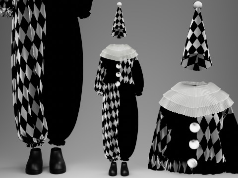 Black-White and Red-White Clown Costume Set 3D Модель