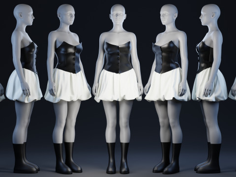 Black Corsette White Baloon Skirt with Rubber Boots 3D Model