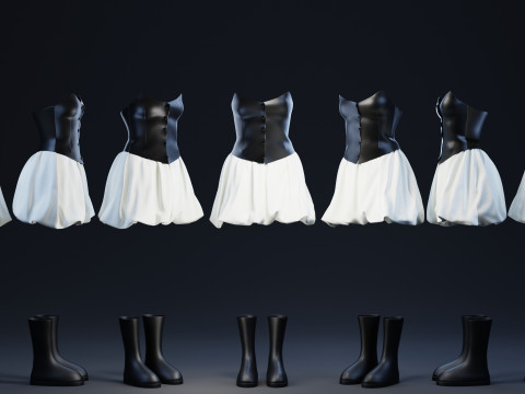 Black Corsette White Baloon Skirt with Rubber Boots 3D Model