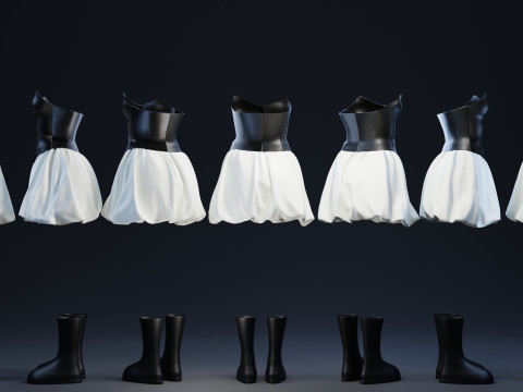 Black Corsette White Baloon Skirt with Rubber Boots 3D Model