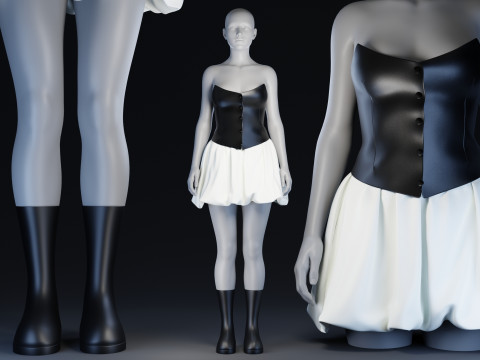 Black Corsette White Baloon Skirt with Rubber Boots 3D Model