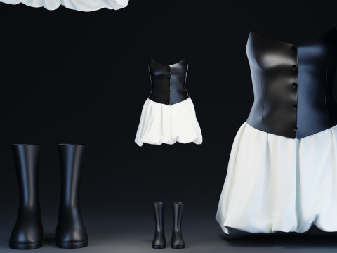 Black Corsette White Baloon Skirt with Rubber Boots 3D Model