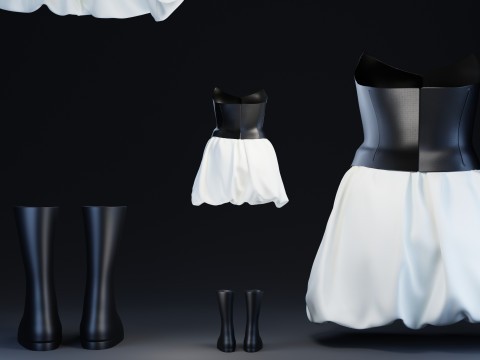 Black Corsette White Baloon Skirt with Rubber Boots 3D Model