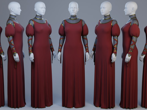 Blood-Red Velvet Medieval Dress -Clean Quad Topology- 3D Model