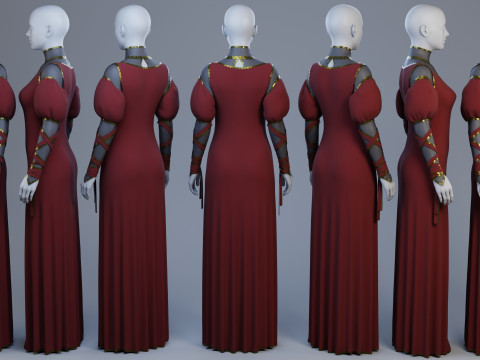 Blood-Red Velvet Medieval Dress -Clean Quad Topology- 3D Model