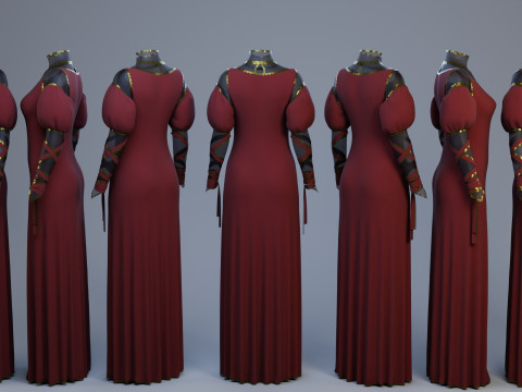 Blood-Red Velvet Medieval Dress -Clean Quad Topology- 3D Model