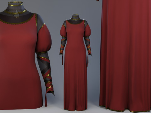 Blood-Red Velvet Medieval Dress -Clean Quad Topology- 3D Model