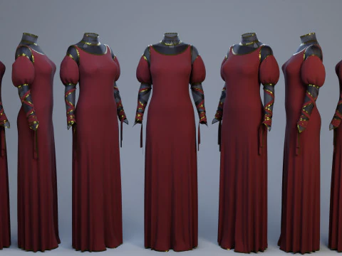 Blood-Red Velvet Medieval Dress -Clean Quad Topology- 3D Model