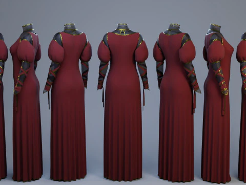 Blood-Red Velvet Medieval Dress -Clean Quad Topology- 3D Model