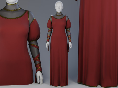 Blood-Red Velvet Medieval Dress -Clean Quad Topology- 3D Model