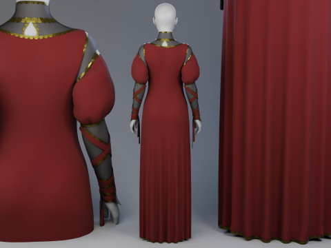 Blood-Red Velvet Medieval Dress -Clean Quad Topology- 3D Model