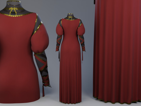 Blood-Red Velvet Medieval Dress -Clean Quad Topology- 3D Model