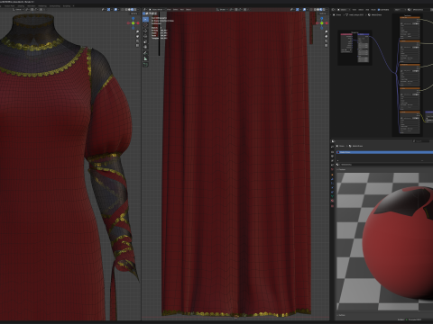 Blood-Red Velvet Medieval Dress -Clean Quad Topology- 3D Model