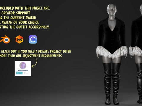 Velvet Jacket Bodysuit with Lace Details and Long Boots Model 3D