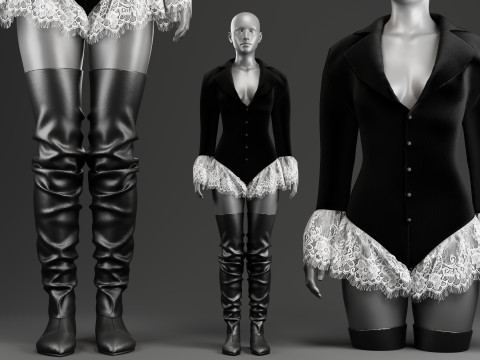 Velvet Jacket Bodysuit with Lace Details and Long Boots 3D Model