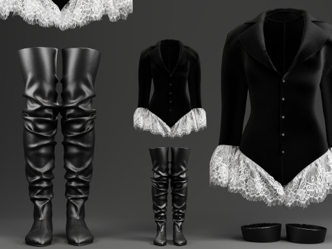 Velvet Jacket Bodysuit with Lace Details and Long Boots 3D Model