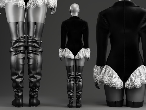 Velvet Jacket Bodysuit with Lace Details and Long Boots 3D Model