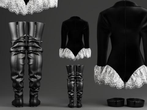 Velvet Jacket Bodysuit with Lace Details and Long Boots 3D Model